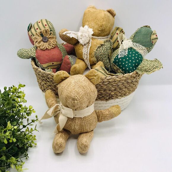 Set of 4 Handmade Mini Bears, Shelf Decor or Bowl Fillers Tans Calico 7.5 Inches - Picture 2 of 4